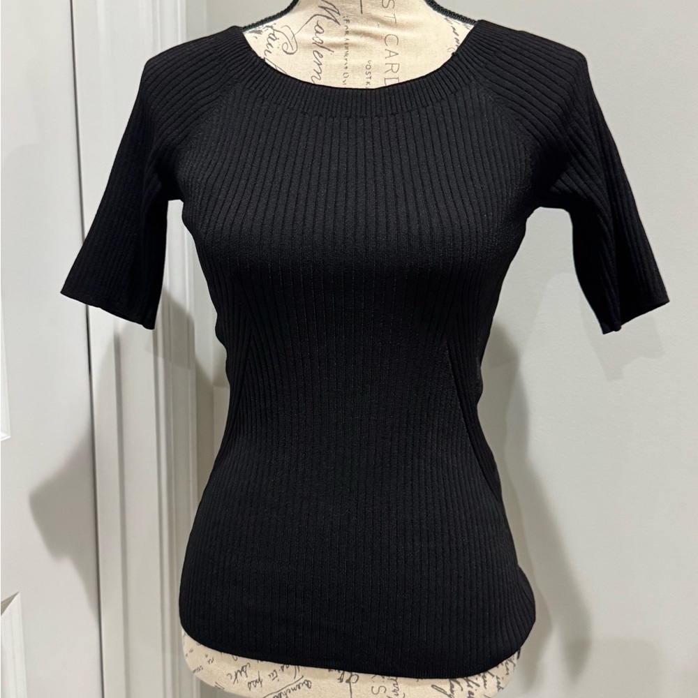 WHBM Black Ribbed Short-Sleeve Knit Top